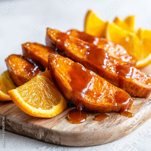 Sweet potato wedges glazed with orange syrup served on a rustic wooden board with fresh orange slices garnish for a delicious dessert or side dish