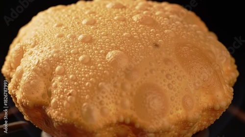 Close-up view of golden, puffy fried bread with a bubbly texture and a dark background