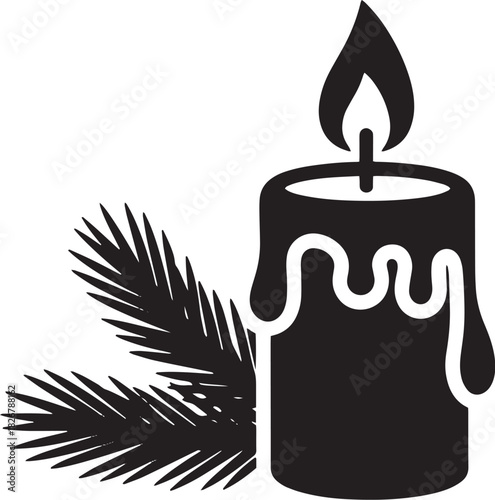 A black and white silhouette of a candle with a pine branch and a white background.