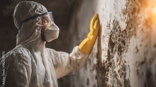 Technician in protective suit, mask and glove inspecting and testing mold growth on a damp wall during mold inspection.