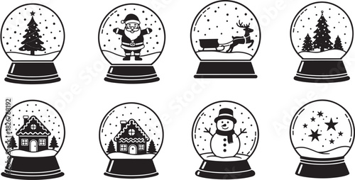 Snow globe with Santa Claus and reindeer inside. The black and white illustration features a traditional Christmas theme.