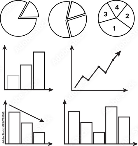 Business Charts and Diagrams Set, Line Graphs, Pie Charts, Bar Charts Icons