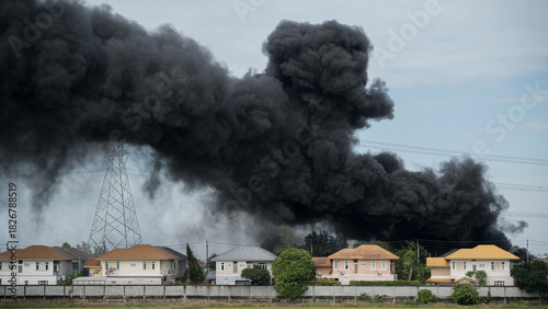 Dramatic black smoke billowing over suburban houses and power lines against a cloudy sky