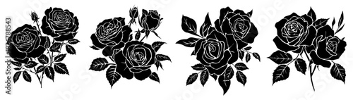 Black and white vector silhouettes of rose bouquets with detailed petals and leaves. Elegant floral designs arranged in four clusters, perfect for decorative, botanical, and romantic artwork
