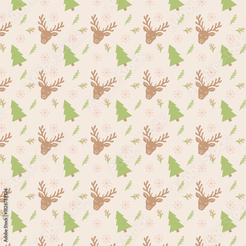 Christmas pattern with reindeer and fir trees, festive winter background, Scandinavian holiday design