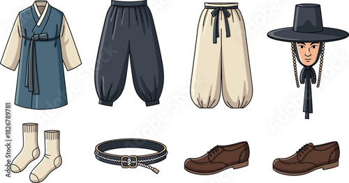 Traditional Korean Hanbok Clothing Elements Collection