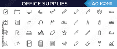 Office supplies line icon set. Vector pictograms of stationery tools, documents, writing items, organization equipment, desk accessories, digital devices and work illustration