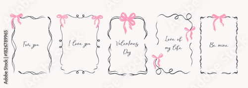 Vintage inspired hand drawn Valentine’s Day frames featuring playful lines, delicate bows,ribbons. Vector illustrations perfect decorative holiday borders for posters, greeting cards, invitations.