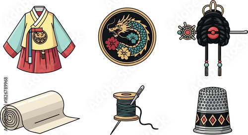 Korean Traditional Seollal Elements - Hanbok, Dragon, Hairpin, Fabric, Sewing