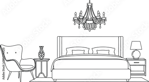 Elegant bedroom interior design with chandelier bed and chair in line drawing