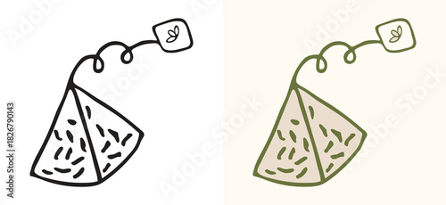 Hand drawn sketch illustration of a modern triangle or pyramid shaped tea bag with a string and label. Line art doodle style outline drawing isolated on a white background, perfect for menus,packaging