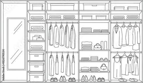 Organized closet interior with clothes shoes and accessories in a line drawing