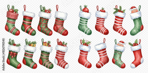 A collection of festive watercolor Christmas stockings in red and green, some filled with gifts and holiday decorations, on a transparent background.