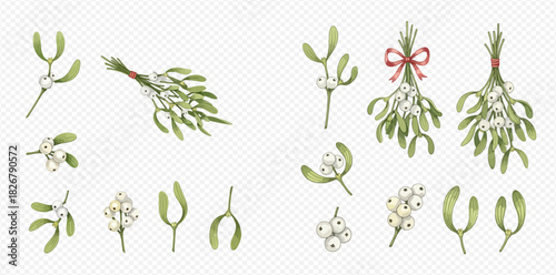 Watercolor illustrations of festive mistletoe sprigs and decorative bunches with white berries, some tied with red ribbons, perfect for holiday designs.