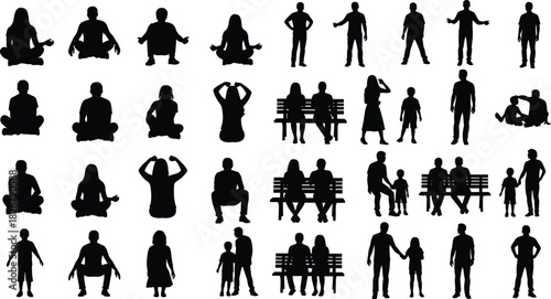 Collection of diverse human silhouettes showing various poses, meditation, walking, sitting, family interactions, relaxation, mindfulness, communication, and everyday lifestyle activities