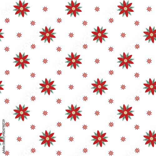 Red Poinsettia Floral Pattern With Green Leaves On White Background for Seasonal Design