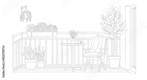 Balcony with potted plants and furniture in a line art style illustration