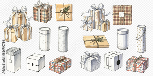 Watercolor illustration set of various gift boxes and packaging designs, perfect for holidays and celebrations.