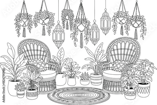 Intricate bohemian living room illustration with plants and wicker furniture