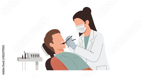 A dentist wearing a mask and gloves examines a patient's teeth in a clinic with medical equipment and a white background, flat 2D illustration