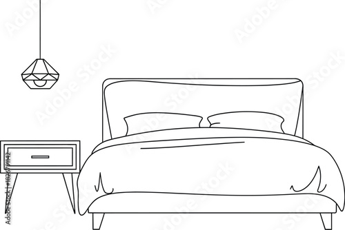 Minimalist bedroom interior design with bed nightstand and hanging lamp outline