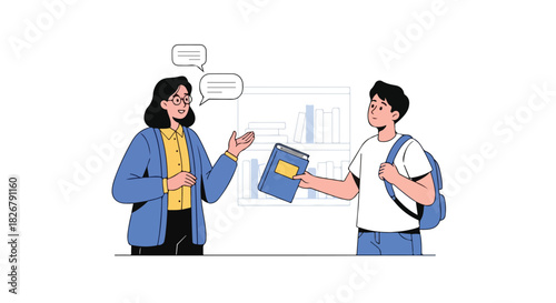 Illustration of a teacher giving a book to a student in a flat 2D style, conveying the concept of education and knowledge sharing