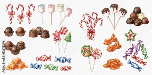 A collection of various festive and delicious candies including candy canes, chocolates, marshmallows, lollipops, caramels, and wrapped sweets.