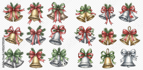 Watercolor Christmas bells collection with festive bows and pine branches, holiday season decorations.