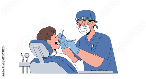 A Dentist in Uniform and Mask Performing a Dental Check-up on a Patient in a Dental Chair with Tools, Flat 2D Illustration