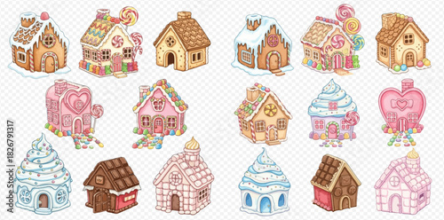 A collection of various whimsical gingerbread houses decorated with candy and icing, in a watercolor style.