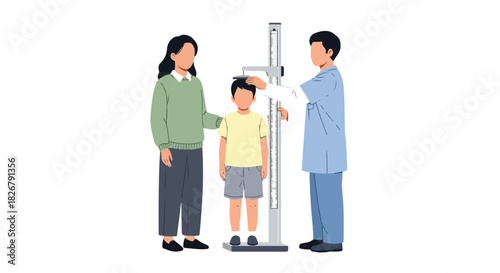 A doctor measuring a child's height with a stadiometer, accompanied by a parent, in a medical setting, illustrating pediatric health monitoring and growth assessment