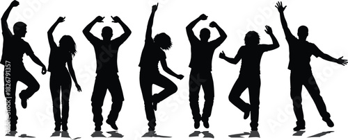 Energetic group of diverse people jumping and dancing in joyful celebration, active silhouettes expressing happiness, freedom, teamwork, unity, and dynamic movement