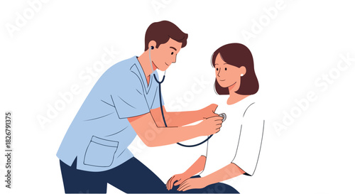 Doctor using stethoscope to examine a patient's chest, medical examination, checkup, and healthcare consultation, flat 2d illustration