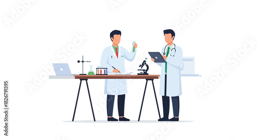 Two scientists in lab coats examine test tubes and a microscope, showcasing a scene of scientific research and discovery in a laboratory setting, flat 2d illustration
