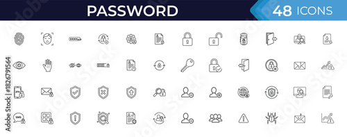 Password and authentication line icon set. Vector pictograms of security access, biometrics, login methods, verification steps, data protection, identity control and privacy illustration