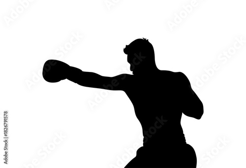 Silhouette of a boxer throwing a punch in a fighting stance on white