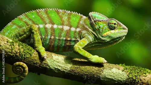 An emerald tree boa gracefully coiling around a mossy branch in a lush, tropical rainforest, its vivid green blending with dense foliage. Natural habitat interaction