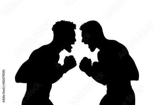 Silhouette of two aggressive men facing each other in a confrontation