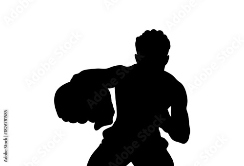 Silhouette of a boxer throwing a punch against a white background
