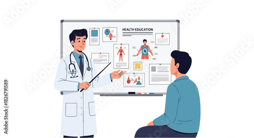 Doctor explains health education to patient on whiteboard with body anatomy and medical diagrams, illustrating a consultation in a clinic setting for a virtual or in-person appointment