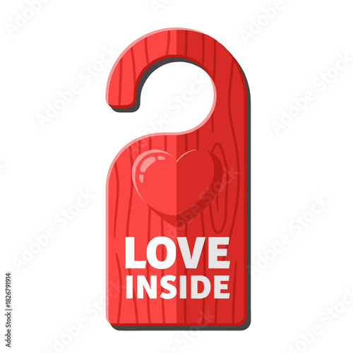 Red door hanger with heart icon and love inside message, romantic hospitality and privacy sign
