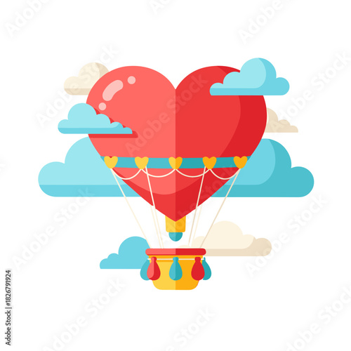 Heart-shaped hot air balloon with clouds, symbolizing love and romance in whimsical illustration