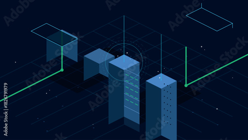 Abstract isometric data towers connected by glowing green lines representing a digital network