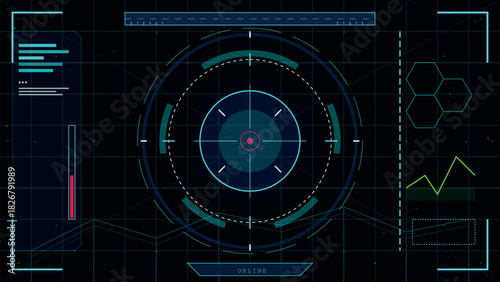 Futuristic heads-up display interface with target scope and data visualization elements