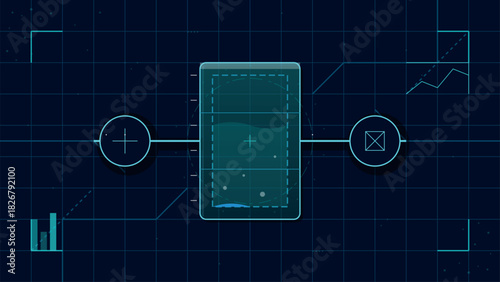 Abstract technological background displaying data analysis charts and a central monitoring gauge