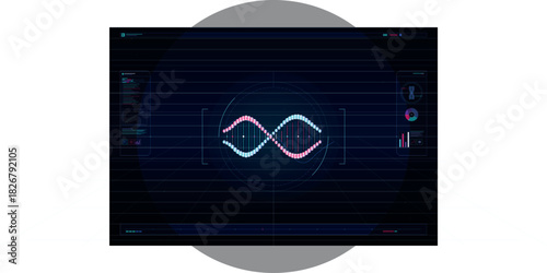 Advanced biotechnology interface with glowing DNA helix structure and scientific data visualization