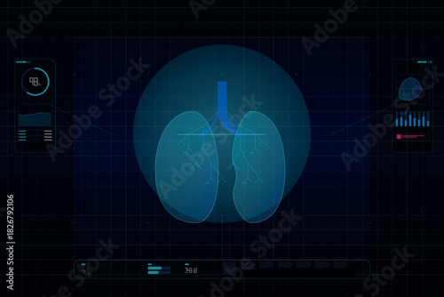 Futuristic medical interface showing human lungs and respiratory system data