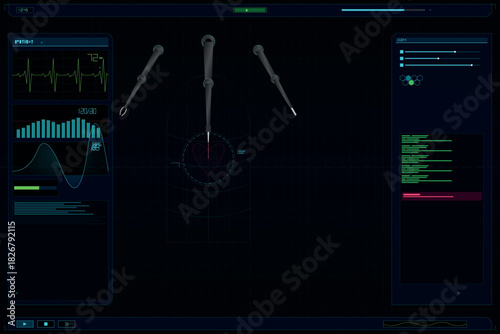 Futuristic robotic surgery interface monitoring patient vital signs during a delicate heart procedure