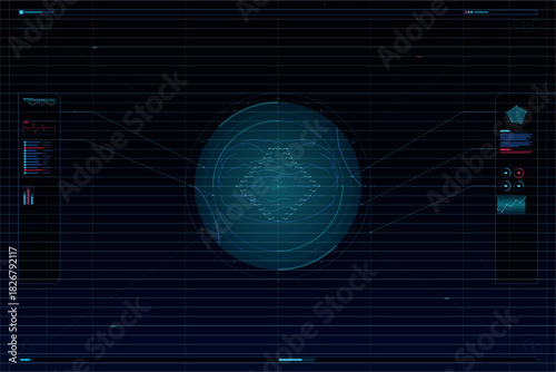 Futuristic dark blue user interface screen with abstract data visualization and heads up display