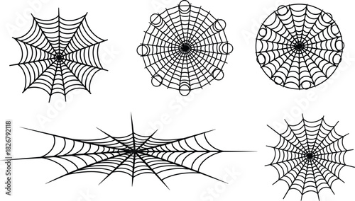 Spider Web Variations  Five Unique Designs Showcasing Radial, Spiral, and Loop Patterns in Circular and Elongated Web Structures